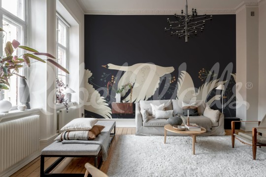 Rebel Walls R21485 Shutterstock Swan Serenade Midnight Blue - mural w łabędzie