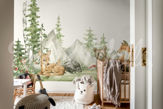 Rebel Walls R21396 Shutterstock Enchanted Grove Day - mural dziecięcy w leśne zwierzęta i góry