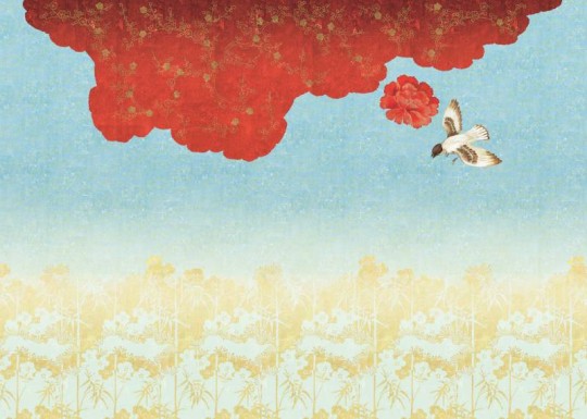 Elitis TP 291 01 Soleil levant Nouvelles orientales - mural w roślinny pejzaż i ptaki w stylu chinoiserie