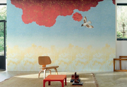 Elitis TP 291 01 Soleil levant Nouvelles orientales - mural w roślinny pejzaż i ptaki w stylu chinoiserie