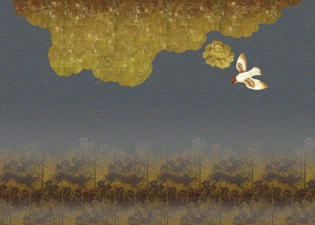 Elitis TP 291 02 Soleil levant Nouvelles orientales - mural w roślinny pejzaż i ptaki w stylu chinoiserie