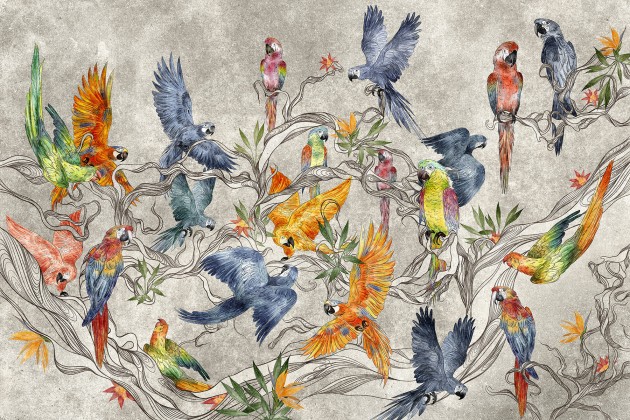 Lorenso TPA 0525 0165 03 Parrot - mural w papugi i liście