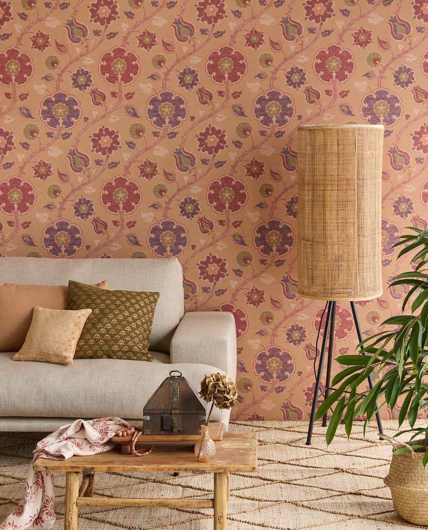 Eijffinger 350612 Amber - tapeta w kwiaty na tle imitującym tkaninę