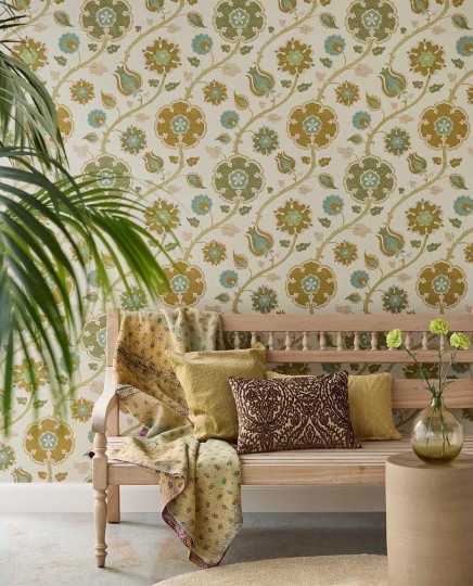 Eijffinger 350614 Amber - tapeta w kwiaty na tle imitującym tkaninę