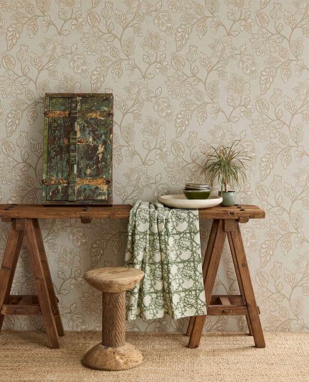 Eijffinger 350663 Amber - tapeta w stylizowane liście i kwiaty na tle imitującym tkaninę