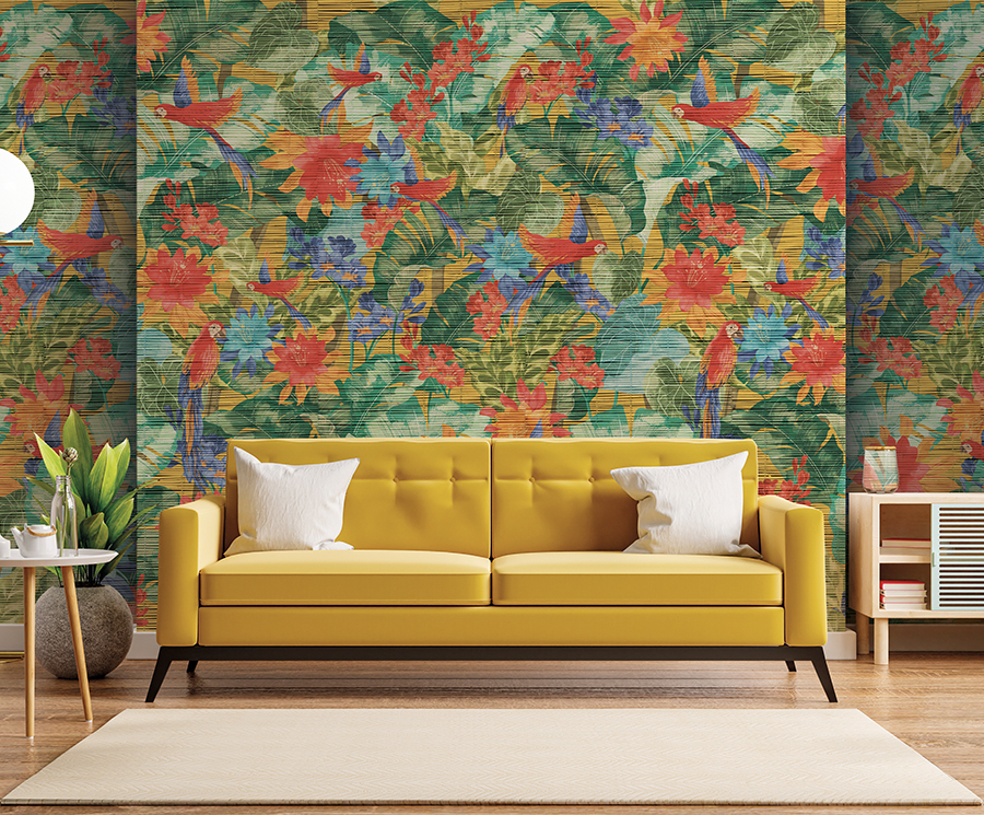 Zambaiti Parati Z57781 Architexture 2 - mural w papugi i egzotyczne kwiaty
