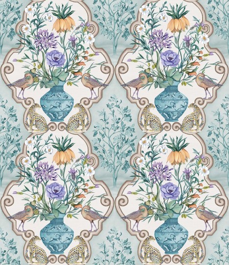 Osborne & Little W8031-01 Ananda Sundara Aqua/Violet – tapeta bukiety i kwiaty