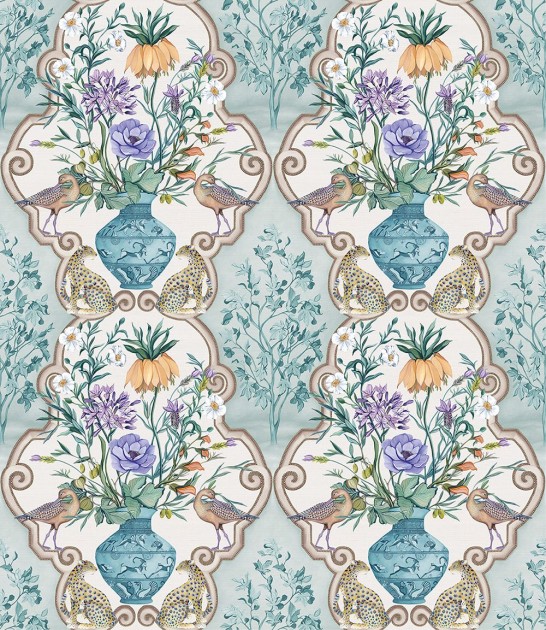 Osborne & Little W8031-01 Ananda Sundara Aqua/Violet – tapeta bukiety i kwiaty