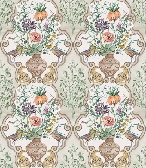 Osborne & Little W8031-02 Ananda Sundara Linen/Coral – tapeta bukiety i kwiaty