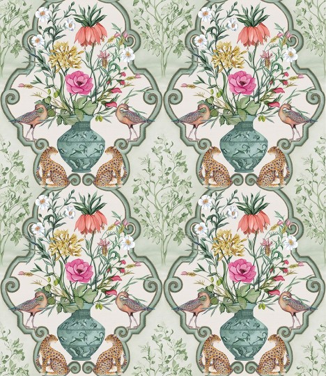 Osborne & Little W8031-03 Ananda Sundara Sage/Pink – tapeta bukiety i kwiaty