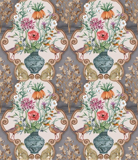 Osborne & Little W8031-04 Ananda Sundara Charcoal/Coral – tapeta bukiety i kwiaty