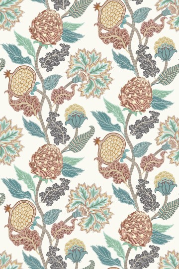 Osborne & Little W8034-04 Ananda Cynara Chestnut/Eucalyptus – tapeta egzotyczne owoce