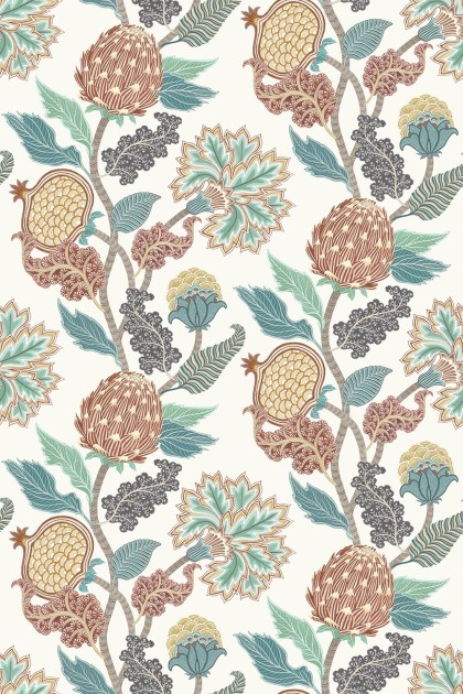 Osborne & Little W8034-04 Ananda Cynara Chestnut/Eucalyptus – tapeta egzotyczne owoce