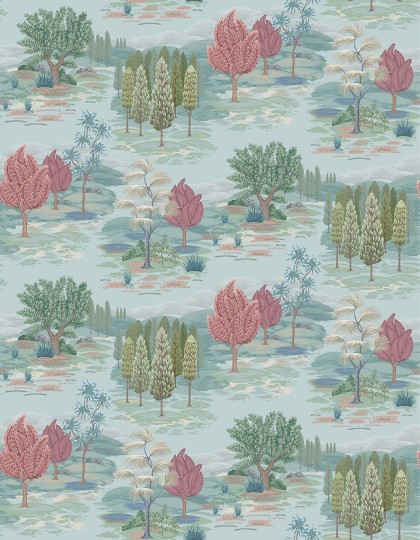 Osborne & Little W8035-02 Ananda Monteverde Aqua/Blush - tapeta leśne wzgórze