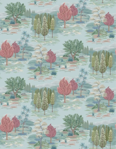 Osborne & Little W8035-02 Ananda Monteverde Aqua/Blush - tapeta leśne wzgórze