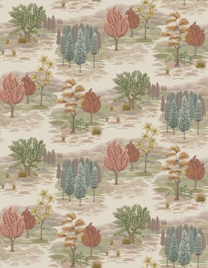 Osborne & Little W8035-03 Ananda Monteverde Olive/Terracotta - tapeta leśne wzgórze