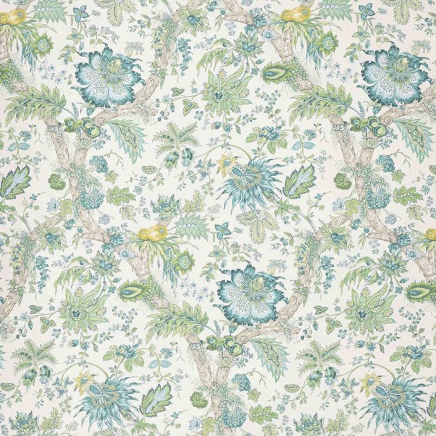 Manuel Canovas 03122-04 Papiers Peints Vol. 9 Adelaide Celadon - tapeta tekstylna w egzotyczne kwiaty i rośliny