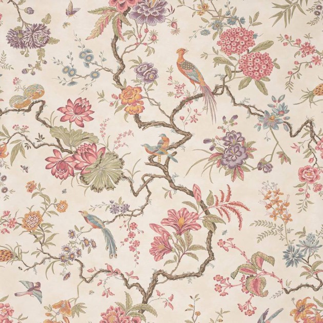Manuel Canovas 03123-01 Papiers Peints Vol. 9 Pavillon de Bidaine Bois de Rose - tapeta tekstylna w ptaki i rośliny