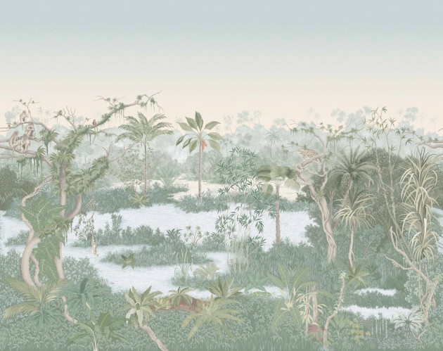 Manuel Canovas 03126-03 Papiers Peints Vol. 9 Borneo Vert de Gris - mural w egzotyczne rośliny i ptaki