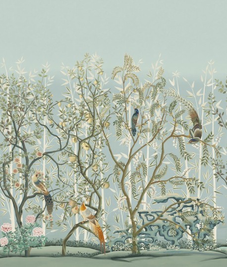 Manuel Canovas 03128-02 Papiers Peints Vol. 9 La Volière Aqua - mural w kwitnące drzewa i ptaki w stylu chinoiserie