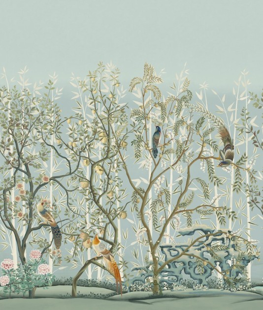 Manuel Canovas 03128-02 Papiers Peints Vol. 9 La Volière Aqua - mural w kwitnące drzewa i ptaki w stylu chinoiserie