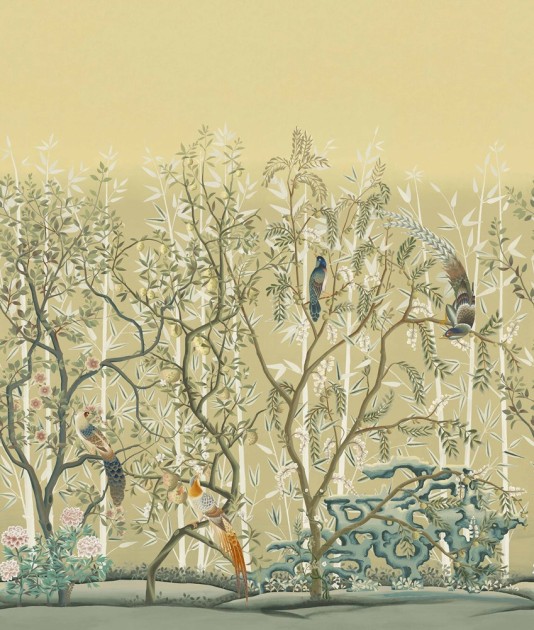 Manuel Canovas 03128-03 Papiers Peints Vol. 9 La Volière Vieil Or - mural w kwitnące drzewa i ptaki w stylu chinoiserie