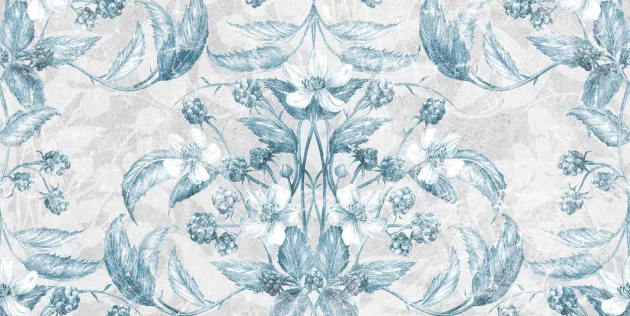 Tecnografica 76749-4 Old London Rubus Blue - mural w kwiaty i owoce w kalejdoskopowym układzie