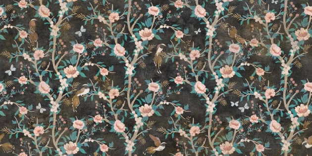 Tecnografica 76880-4 Old London Sonet Encre - mural w ptaki, kwiaty i liście