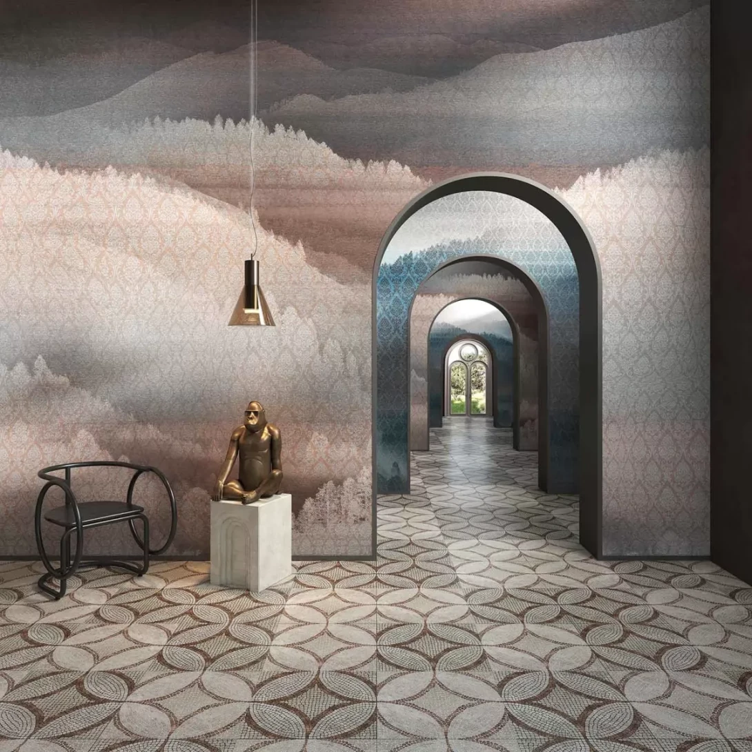 Tecnografica 83606-3 Visioni Mandragola Foggy Blue - mural w pejzaż lasu i ornamenty