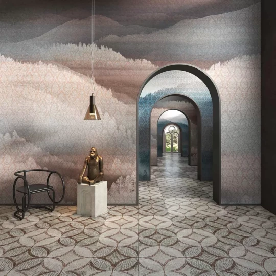 Tecnografica 83606-3 Visioni Mandragola Foggy Blue - mural w pejzaż lasu i ornamenty