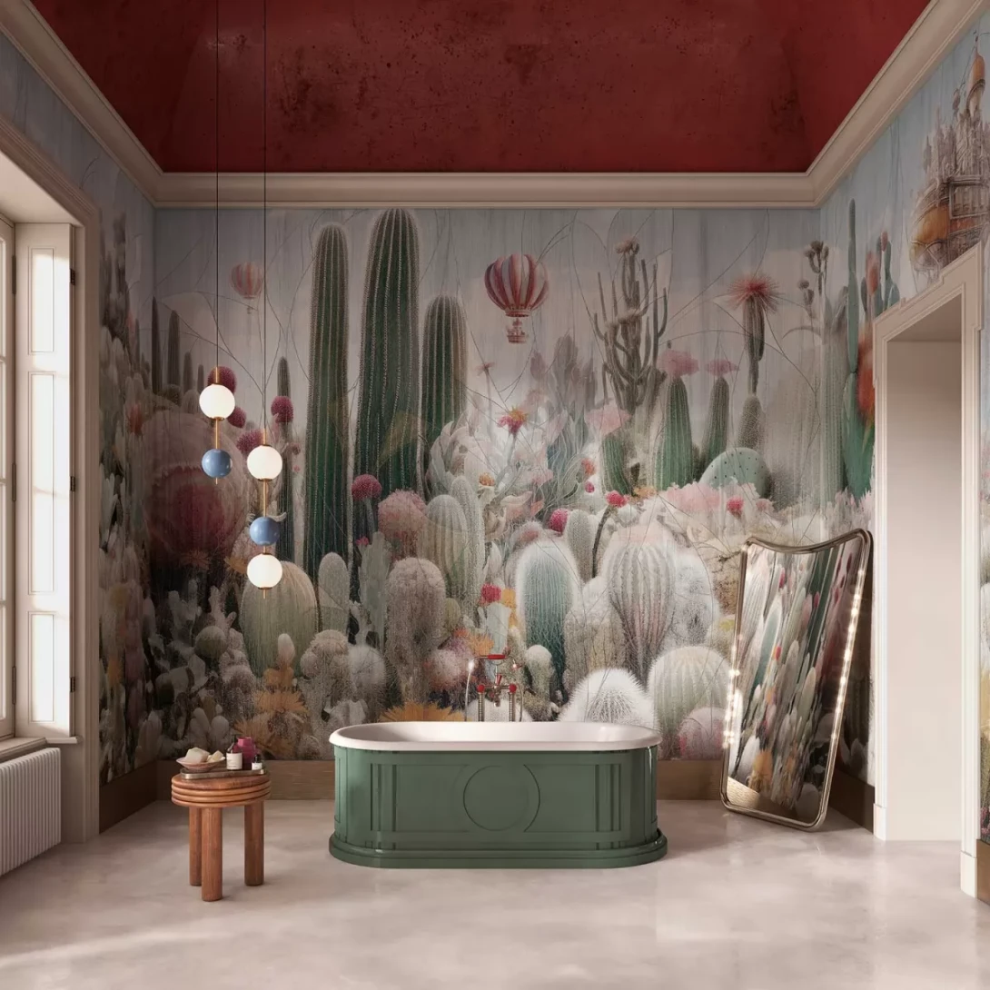 Tecnografica 83855-3 Visioni Peyote Green - mural w kaktusy i balony