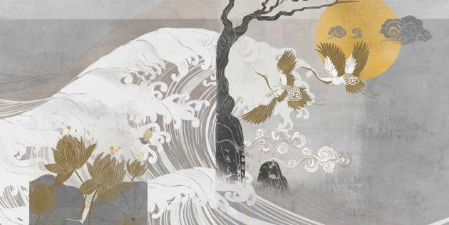 Tecnografica 71699-3 Japandi Nami Grey - mural w żurawie i fale