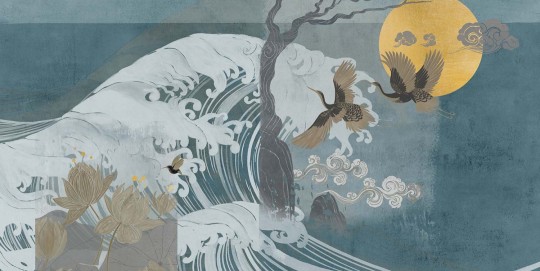 Tecnografica 71699-4 Japandi Nami Green - mural w żurawie i fale