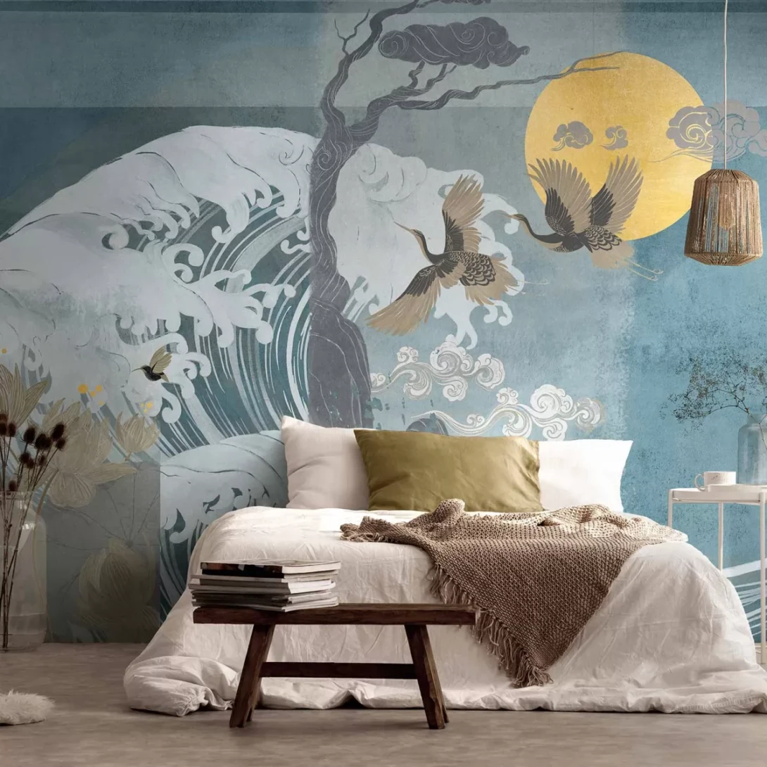 Tecnografica 71699-4 Japandi Nami Green - mural w żurawie i fale