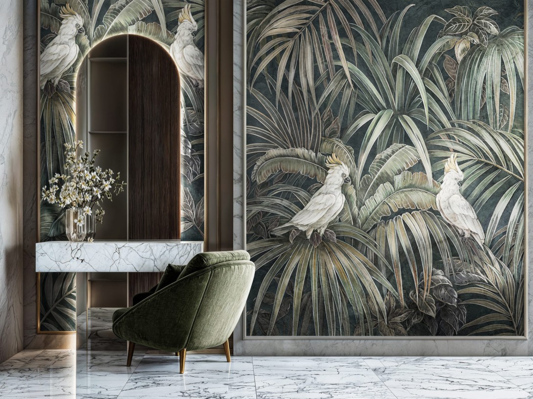 Wallcraft 1020 32 2501 2025 Zefira - mural w egzotyczne liście i papugi