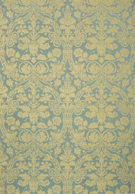 Thibaut T89115 Damask Resource 4 Curtis Damask Metallic Gold on Aqua - tapeta w stylizowane rośliny o metalicznym wykończeniu