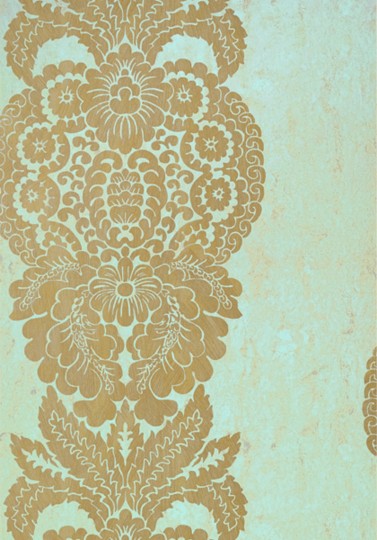 Thibaut T89130 Damask Resource 4 Rowan Damask Metallic Gold on Aqua - tapeta w roślinne ornamenty o metalicznym wykończeniu