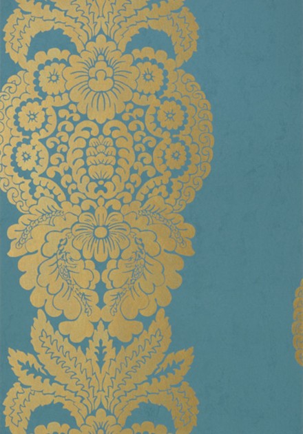 Thibaut T89133 Damask Resource 4 Rowan Damask Metallic Gold on Peacock - tapeta w roślinne ornamenty o metalicznym wykończeniu