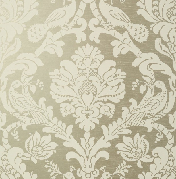 Thibaut T89136 Damask Resource 4 Passaro Damask Cream on Metallic Pewter - tapeta w stylizowane rośliny i ptaki
