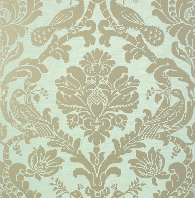 Thibaut T89137 Damask Resource 4 Passaro Damask Metallic Pewter on Seafoam - tapeta w stylizowane rośliny i ptaki