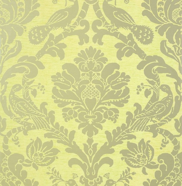 Thibaut T89138 Damask Resource 4 Passaro Damask Metallic Silver on Citron - tapeta w stylizowane rośliny i ptaki