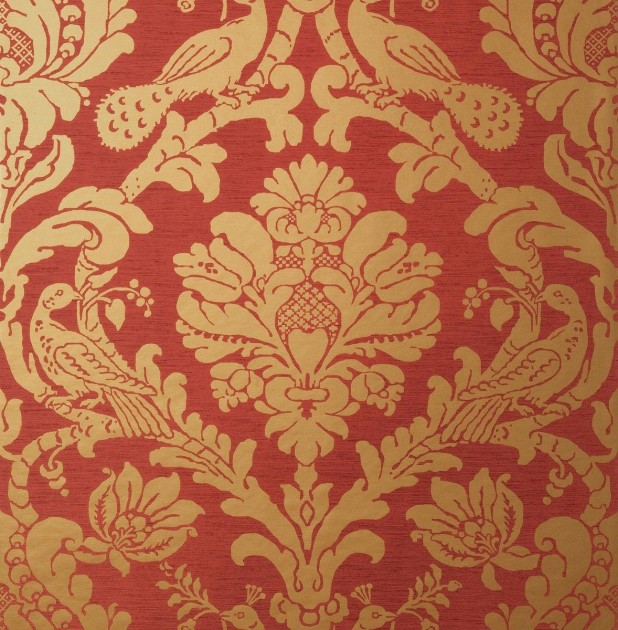 Thibaut T89142 Damask Resource 4 Passaro Damask Metallic Gold on Red - tapeta w stylizowane rośliny i ptaki