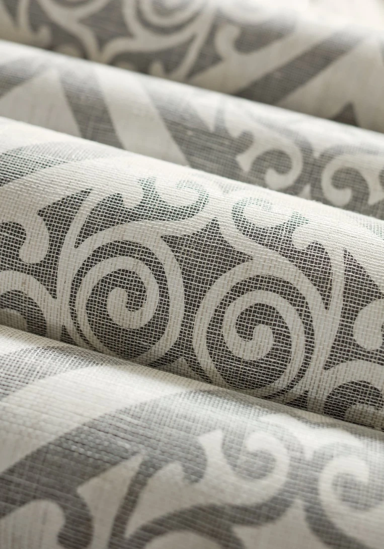 Thibaut T89147 Damask Resource 4 Tangiers Charcoal - tapeta w roślinne ornamenty z lnianej siatki