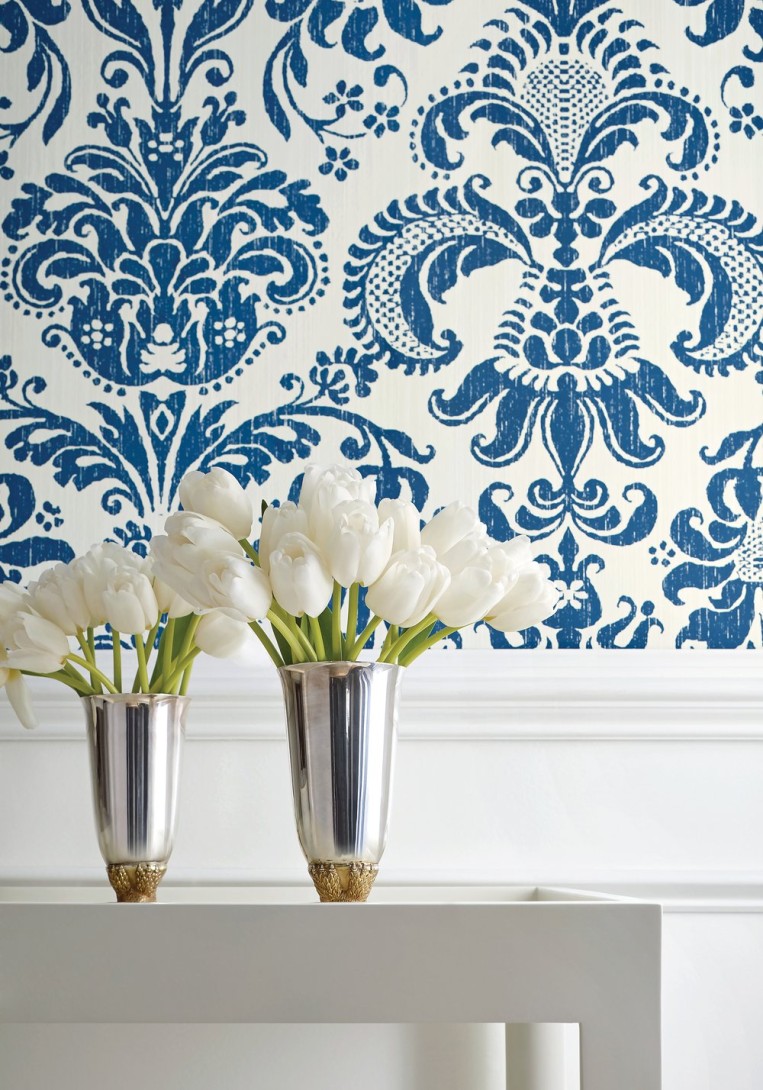 Thibaut T89169 Damask Resource 4 Ashley Metallic Gold on Aqua - tapeta strukturalna w roślinne ornamenty