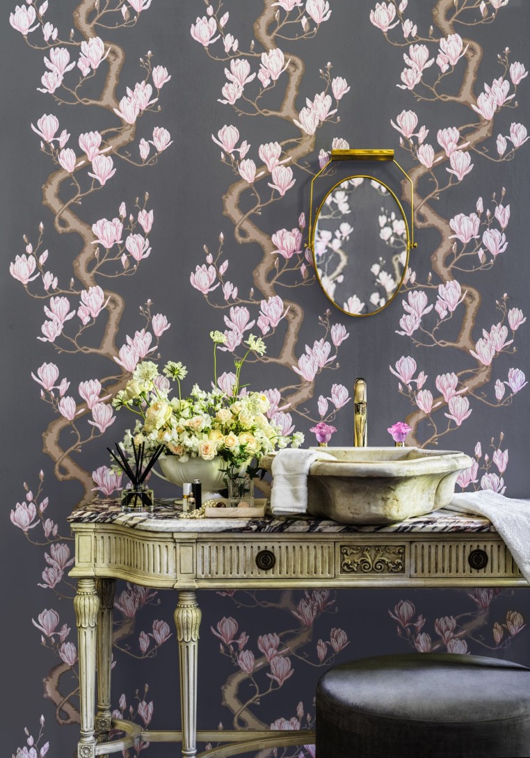 Cole & Son 128/1001 Classics Collection Vol. II Magnolia Tree Charcoal and Soft Pink - tapeta z drzewem magnolii