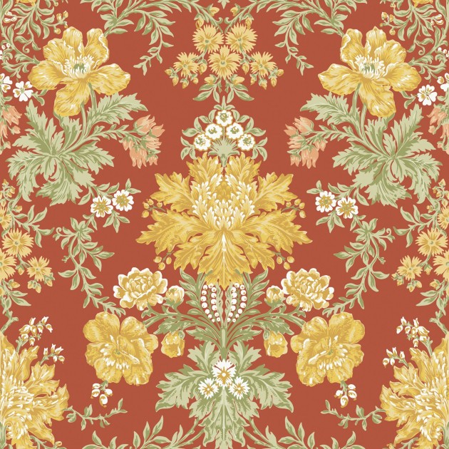 Cole & Son 128/7037 Classics Collection Vol. II Poppies Soft Yellow, Cream and Spring Green on Terracotta - tapeta stylizowane kwiaty