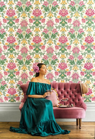 Cole & Son 128/7037 Classics Collection Vol. II Poppies Soft Yellow, Cream and Spring Green on Terracotta - tapeta stylizowane kwiaty