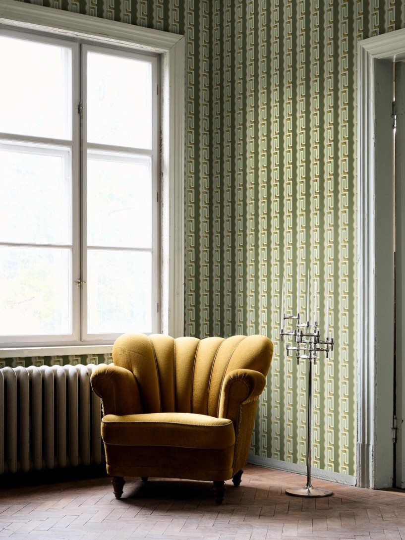 Boras Tapeter 9697W Château Collection Rayure Méandre Green - mural w geometryczny wzór 3D