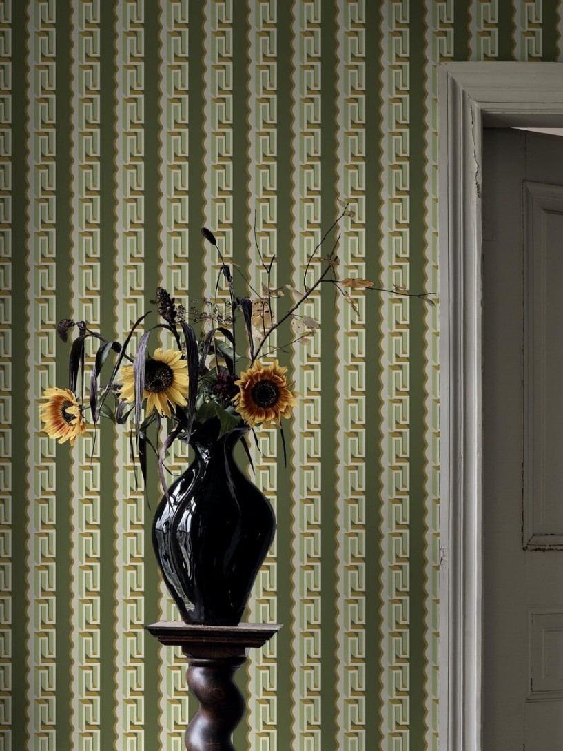 Boras Tapeter 9697W Château Collection Rayure Méandre Green - mural w geometryczny wzór 3D