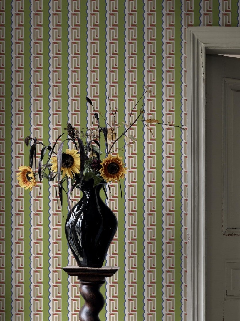 Boras Tapeter 9699W Château Collection Rayure Méandre Green - mural w geometryczny wzór 3D